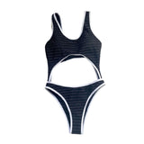 Maillot de bain une pièce sans manches à rayures contrastées et ajourées 