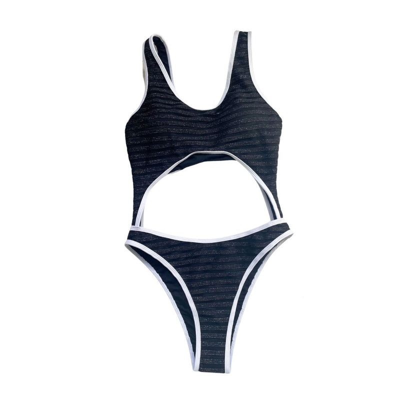 Maillot de bain une pièce sans manches à rayures contrastées et ajourées 