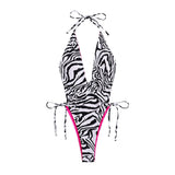 Traje de baño de una pieza con cuello en V, halter, contraste, sin espalda y con lazo 