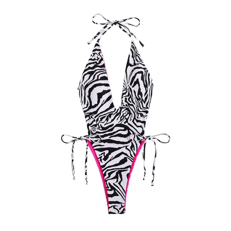 Traje de baño de una pieza con cuello en V, halter, contraste, sin espalda y con lazo 