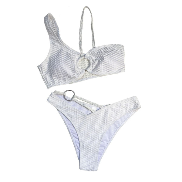 Maillot de bain bikini froncé texturé irrégulier et uni avec anneau en O 