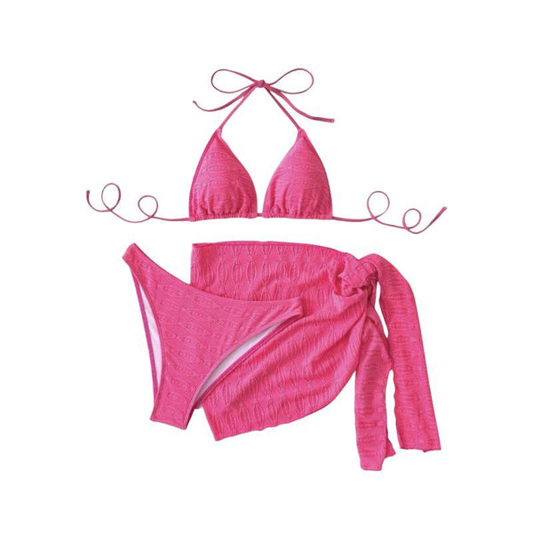 Traje de baño de tres piezas con cuello halter, espalda descubierta, liso y texturizado con lazo 