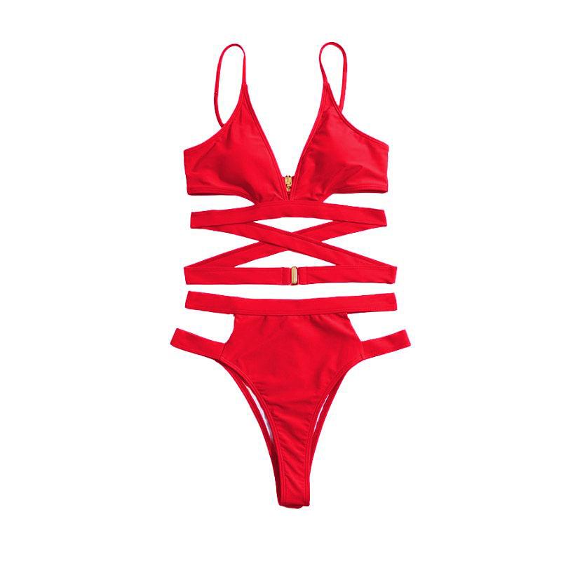 Maillot de bain bikini ajouré à dos croisé et boutons solides à col en V 