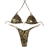Traje de baño bikini estilo halter con anilla en O y cadena de metal sólido 