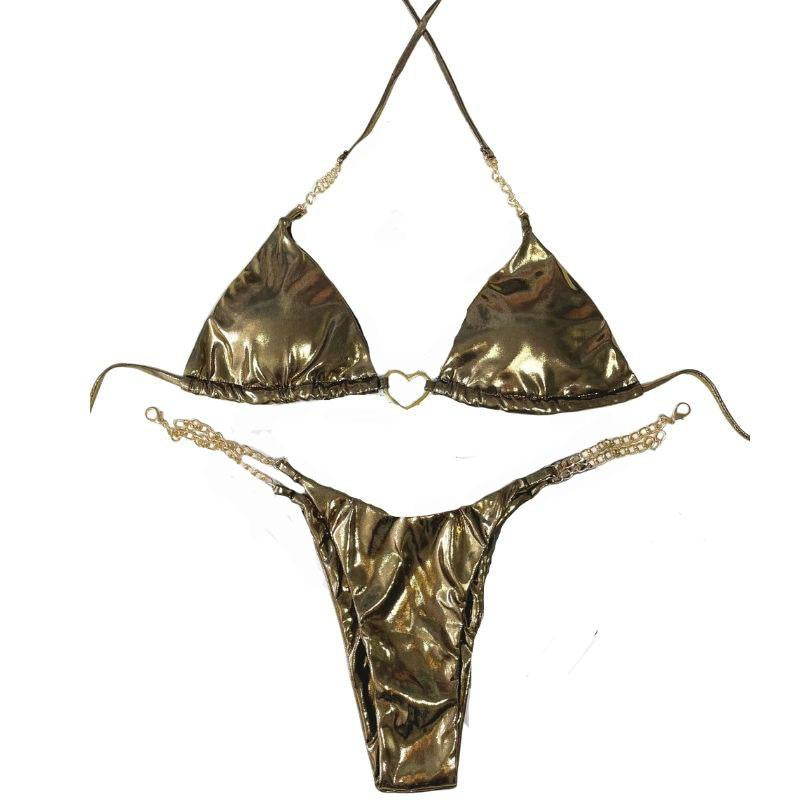 Traje de baño bikini estilo halter con anilla en O y cadena de metal sólido 