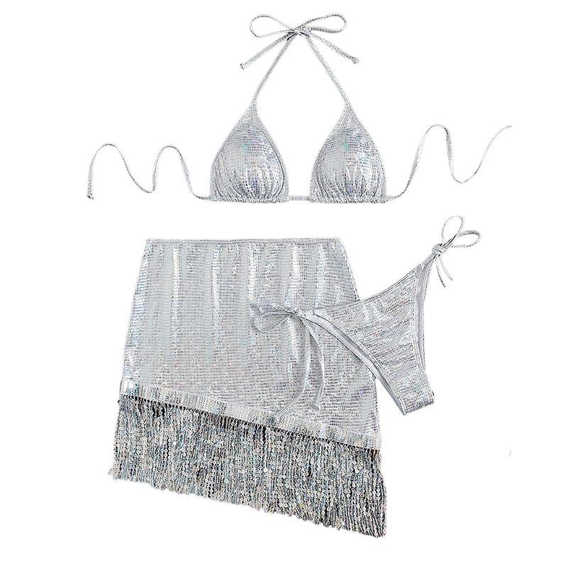 Maillot de bain 3 pièces à nouer avec pompons métalliques unis 