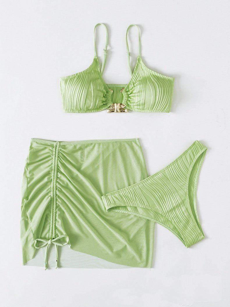 Maillot de bain 3 pièces froncé en maille texturée unie 