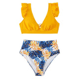 Maillot de bain bikini à manches courtes et volants contrastés, imprimé feuilles et lacets 