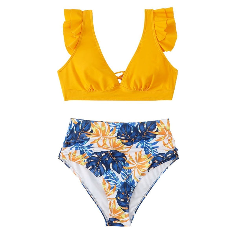 Maillot de bain bikini à manches courtes et volants contrastés, imprimé feuilles et lacets 
