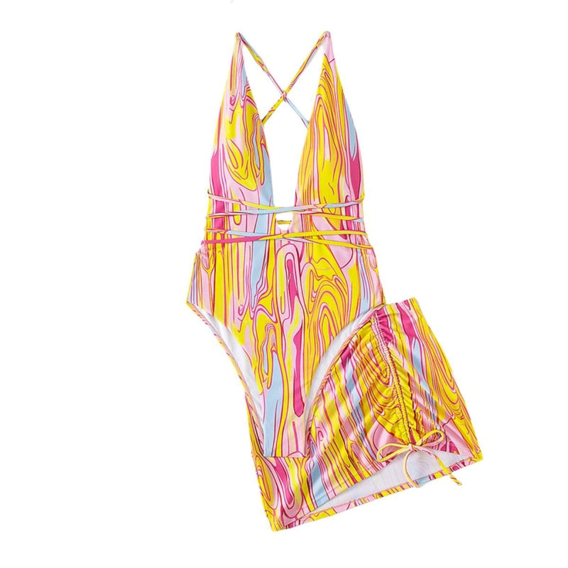 Traje de baño de una pieza con espalda cruzada y cordón ondulado con falda de playa 