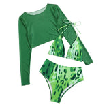 Maillot de bain 3 pièces à manches longues et col licou en maille imprimé léopard 
