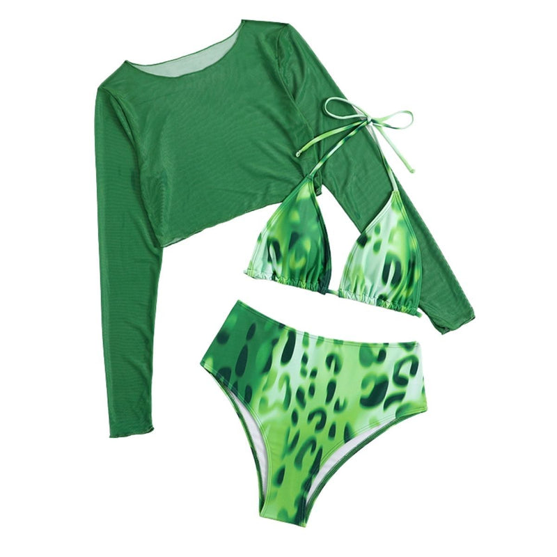 Maillot de bain 3 pièces à manches longues et col licou en maille imprimé léopard 