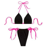 Traje de baño bikini texturizado con lazo en contraste y cuello halter 
