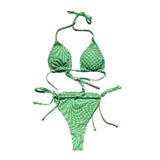 Traje de baño bikini sin espalda con contraste a cuadros y lazo tipo halter 