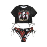 Traje de baño bikini de manga corta con cordón ajustable y estampado de flores y calaveras en contraste 