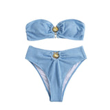 Maillot de bain bikini tube à boutons et dos nu texturé avec appliques métalliques 