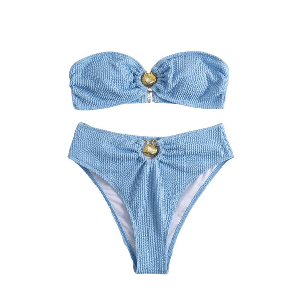 Traje de baño bikini de tubo con botones y espalda descubierta con textura y apliques metálicos 