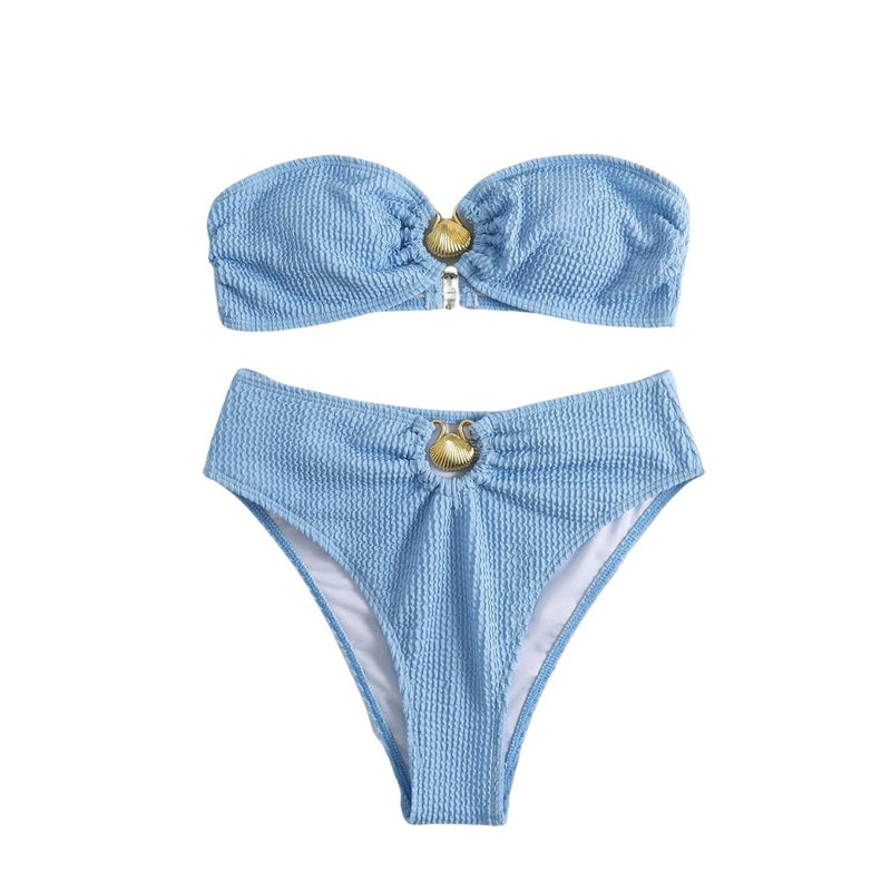 Maillot de bain bikini tube à boutons et dos nu texturé avec appliques métalliques 