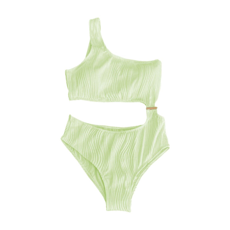 Maillot de bain une pièce texturé uni à une épaule et bouton ajouré 