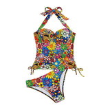 Traje de baño bikini con cuello halter, relleno y lazo anudado con estampado floral en contraste 