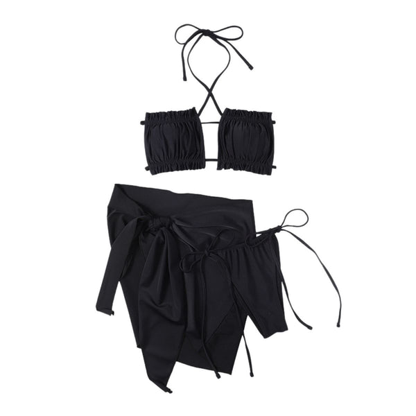 Maillot de bain 3 pièces froncé à nouer soi-même, dos nu, couleur unie 