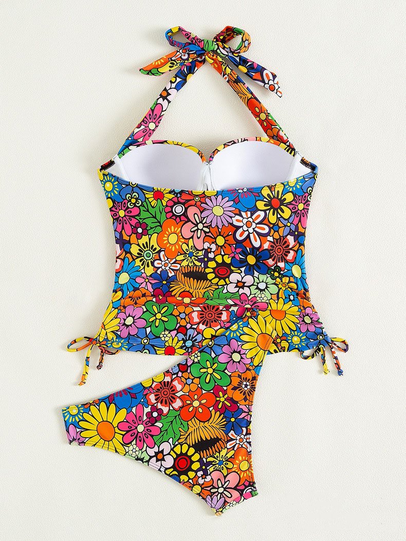 Traje de baño bikini con cuello halter, relleno y lazo anudado con estampado floral en contraste 