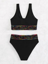 Maillot de bain bikini sans manches à col en V contrasté 