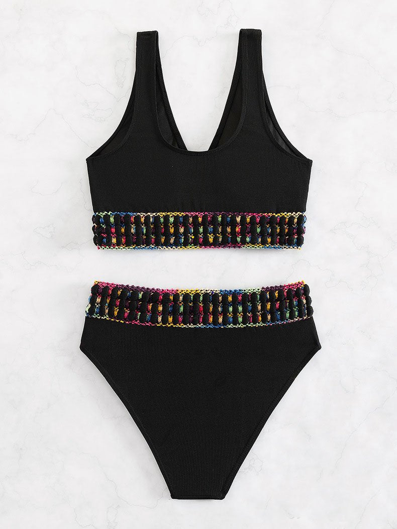 Maillot de bain bikini sans manches à col en V contrasté 