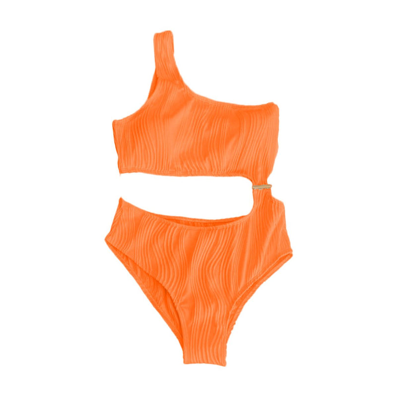 Maillot de bain une pièce texturé uni à une épaule et bouton ajouré 