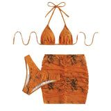 Contrast halter ruched self tie mesh mini skirt 3 piece swimwear