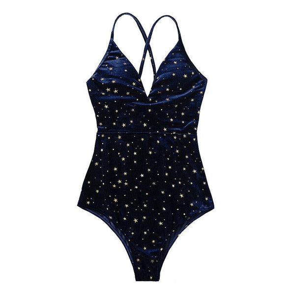 Maillot de bain une pièce à col en V contrasté et motif étoiles croisé dans le dos 
