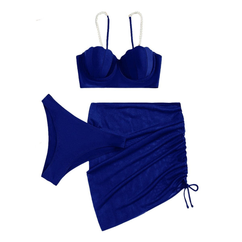 Traje de baño de 3 piezas con espalda descubierta, acolchado y cordón de malla con perlas 
