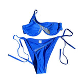 Mesh patchwork one shoulder button self tie bikini swimwear