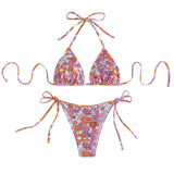 Maillot de bain bikini à nouer et à motif floral contrasté et licou froncé 