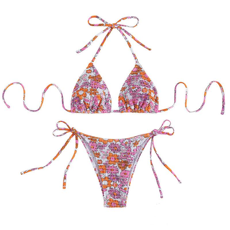 Maillot de bain bikini à nouer et à motif floral contrasté et licou froncé 