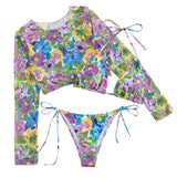 Maillot de bain 3 pièces à manches longues et col licou contrasté avec motif floral en maille 