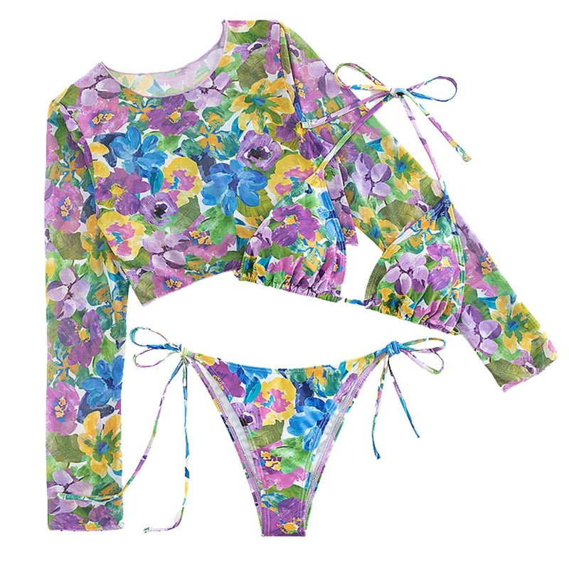 Maillot de bain 3 pièces à manches longues et col licou contrasté avec motif floral en maille 