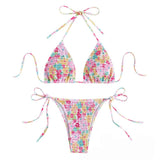 Traje de baño bikini sin espalda con cuello halter y estampado floral fruncido 