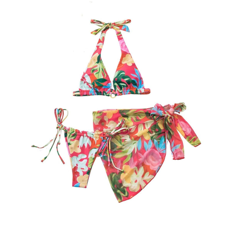 Maillot de bain 3 pièces en maille à imprimé floral avec cordon de serrage et dos nu 