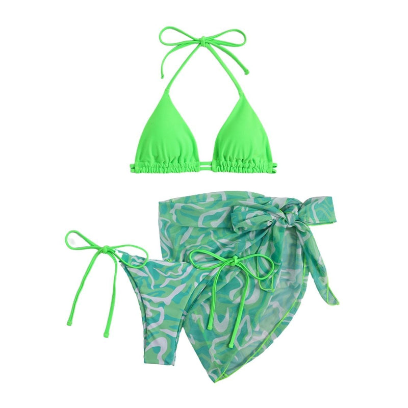 Traje de baño de 3 piezas de malla con espalda descubierta y estampado de contraste ondulado 