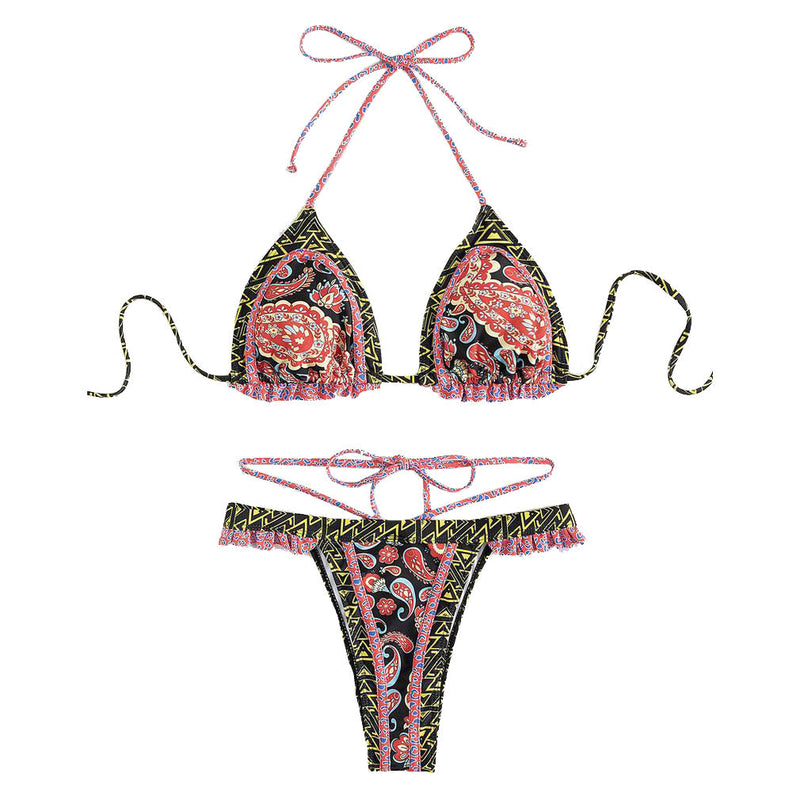 Traje de baño bikini con espalda descubierta, fruncido y lazo en contraste 