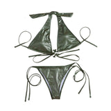 Metallic solid halter self tie o ring backless bikini swimwear