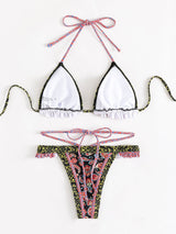 Traje de baño bikini con espalda descubierta, fruncido y lazo en contraste 