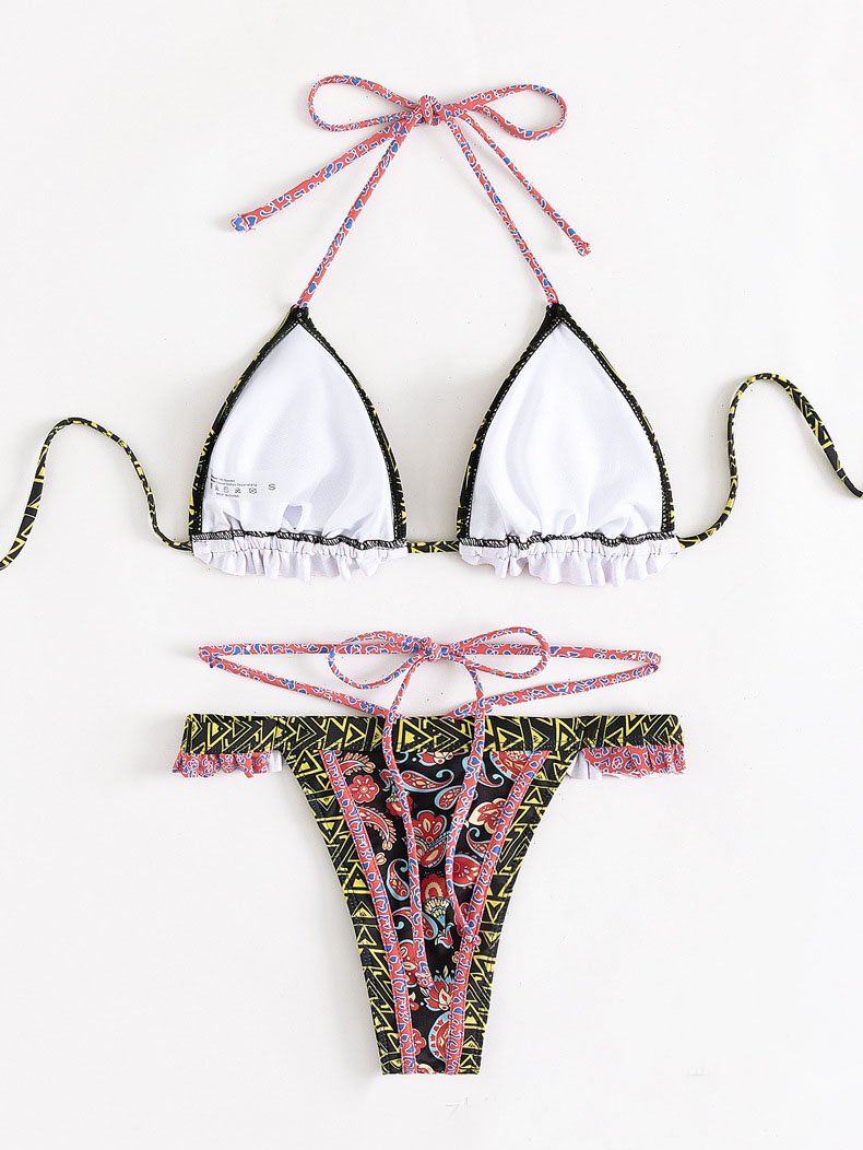 Traje de baño bikini con espalda descubierta, fruncido y lazo en contraste 