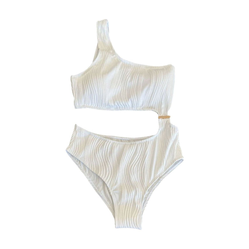 Maillot de bain une pièce texturé uni à une épaule et bouton ajouré 