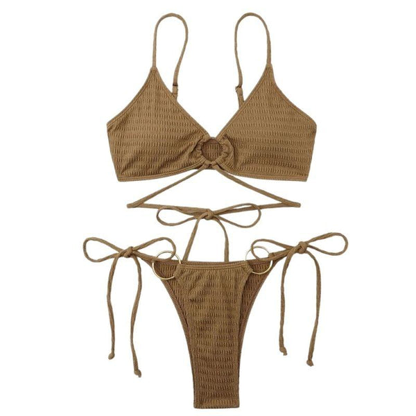 Maillot de bain bikini rembourré à nouer avec anneau en O creux et solide 