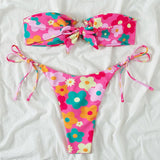 Maillot de bain bikini tube à nouer soi-même et motif floral 