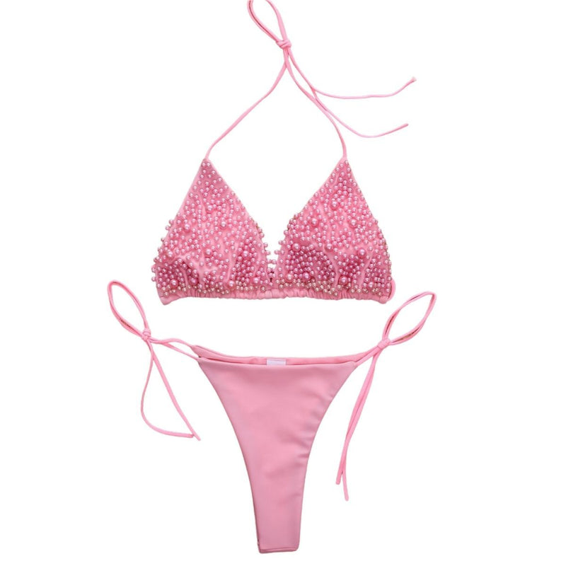 Traje de baño bikini con cuello halter de perlas, sin espalda, liso, con lazo 