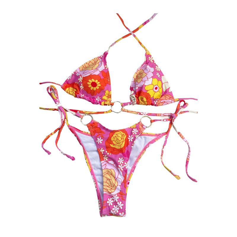 Maillot de bain bikini rembourré à motif floral contrasté avec anneau en O et lien à nouer 