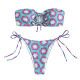 Maillot de bain bikini tube rembourré à nouer et motif floral contrasté 